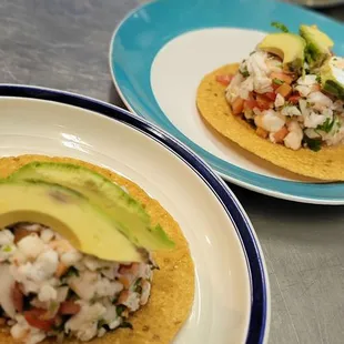 Shrimp ceviche and pollo asado salad