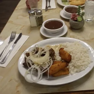 Fried Pork Chunk with white rice, black beans &amp; sweet plantain