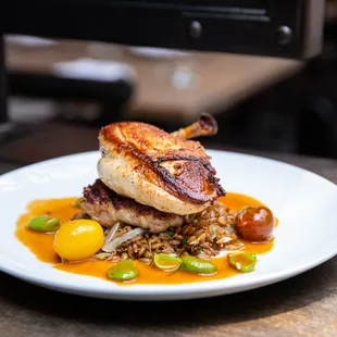 Pan Seared Chicken - sprouted rye berry, tomato confit, fava bean, au jus