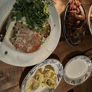 PRIMI- cappellacci - short rib, shallot, thyme, SECONDI- breaded pork loin - caper, lemon, patate. 3-fingerling potato, salsa verde