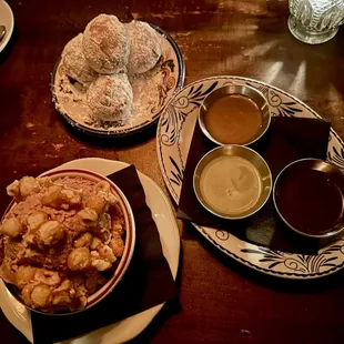 Ricotta donuts with 3 dipping sauces and the chocolate budino
