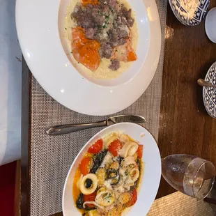 Half portions of squid ink pasta and Pumpkin Pasta