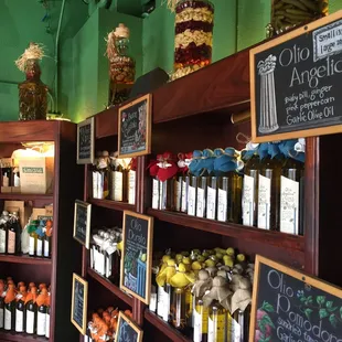 a display of olive oil and condiments