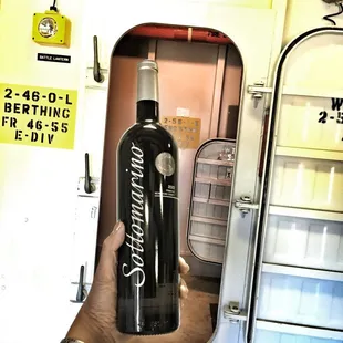 a hand holding a bottle of wine