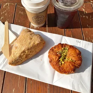 Lemon Scone, Honey Pistachio Kouign Amann, oat milk latte, Iced Coffee