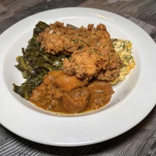 Soul Food Bowl: Fried Chicken Breast, Collard Greens, Candied Yams, and Baked Mac &amp; Cheese