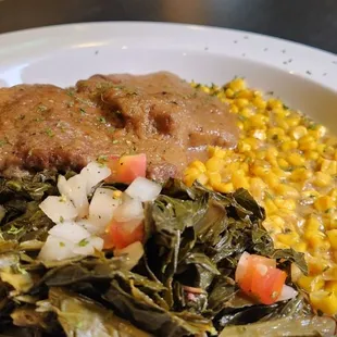 Cube Steak, Mashed Potatoes, Cream Corn, and Greens