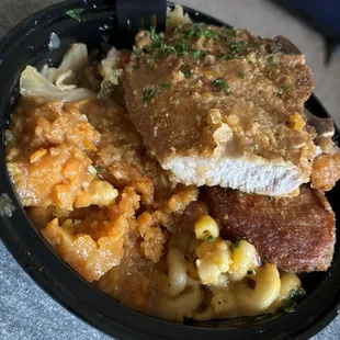 Build your own bowl with fried pork chops, Mac and cheese, candied yams and cabbage
