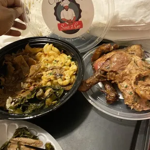 Lemon pepper leg quarters with spoiled cabbage salty greens box Mac and cheese