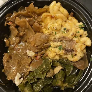 Lemon pepper leg quarters with spoiled cabbage Mac and cheese salty heavy oiled greens