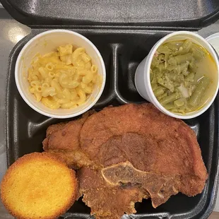 Pork Chop, Mac &amp; Cheese, String Beans, Cornbread