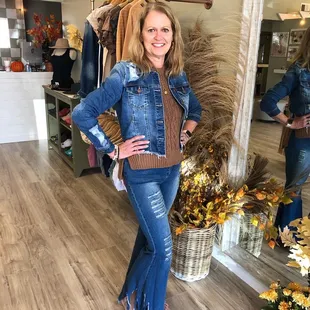 Risen denim jacket and new bell bottom jeans.