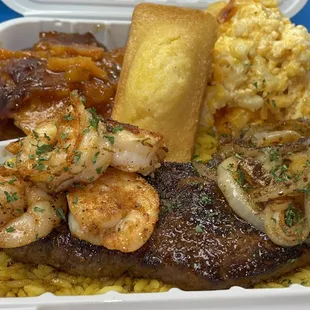 Grilled steak with yellow rice &amp; 2 sides - and a grilled shrimp add-on