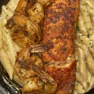 Grilled salmon &amp; shrimp alfredo