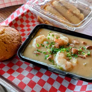 CAJUN SHRIMP GRITS, CORNBREAD MUFFIN, &amp; SLICE CARAMEL CAKE