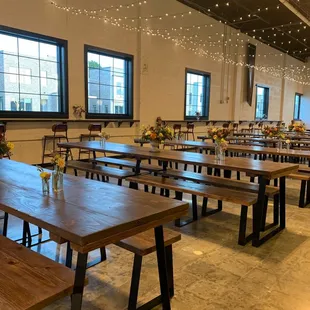 tables and benches in a large room