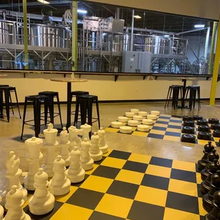 a chess board and chairs