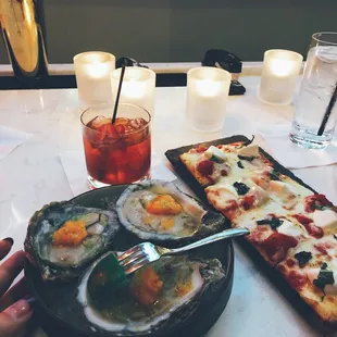 Oysters trio and margherita pizza