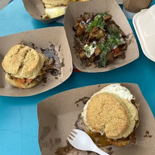 Smoked turkey with egg (bottom), pork butt (left), home fries, and bacon egg and cheese (top)