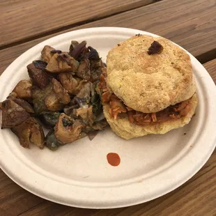 Smoked Turkey w/ homemade hot sauce on a biscuit
