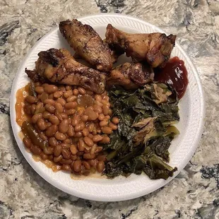 Smoked chicken wings,baked beans,collard greens