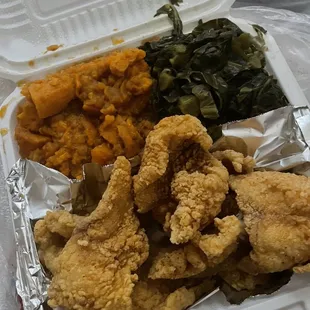 Catfish nuggets, collard greens and candied yams (I asked do my catfish to be crispy on the outter abs soft in the middle)