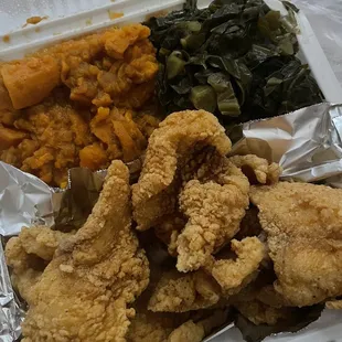 Catfish nuggets, collard greens  , candied yams   (I got my catfish fried crispy on the outter and soft in the middle)