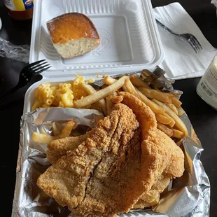 Fried Tilapia and Catfish with Mac &amp; Cheese, Fries, Cornbread