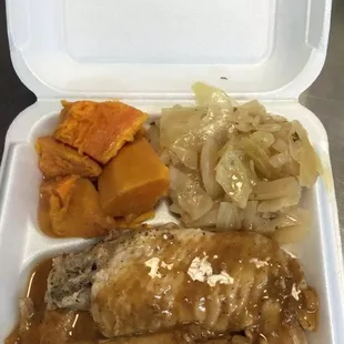 a meal in a styrofoam container