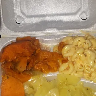 Vegan lunch; 4 sides: mac n cheese; candied yams; cabbage