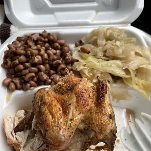 Baked chicken, black-eyed peas and cabbage.