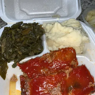 Meat Loaf, Collard Greens, and Mashed Potatoes
