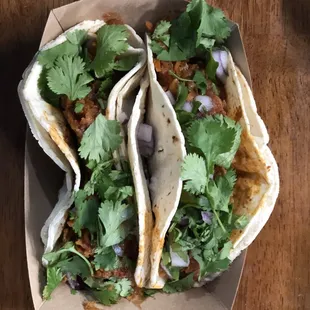 Veggie Barbacoa Tacos. Fresh fragrant parsley. Tender veggies w/ a little crunch in a tangy sauce. Double tortillas for support. Good stuff.