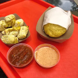 Yuca puffs and red lentil pastales