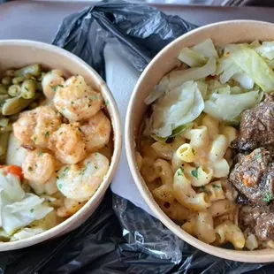 1. Green beans, mashed potatoes, shrimp, cabbage 2. Beef tips on mash,mac,cabbage