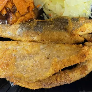 Fresh fried whiting fish with yams and cabbage