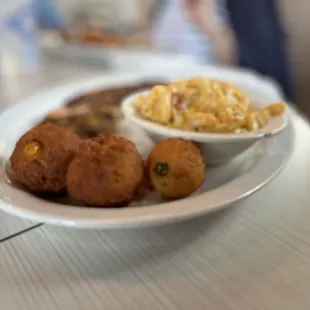 Blackened shrimp with Hushpuppies and Mac &apos;N Cheese