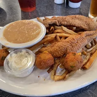 Small Catfish Plate.  French Fries. White Beans. Hushpuppies.