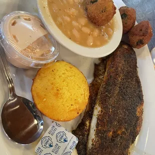 Blackened Catfish   Northern Beans.  Hushpuppies. Cornbread