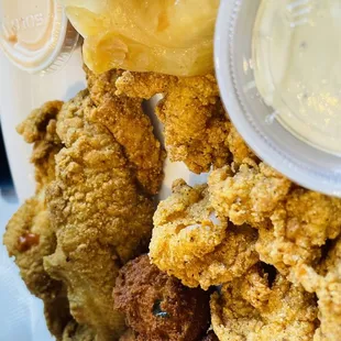Fish and Shrimp platter with Cajun Cabbage and hush puppies