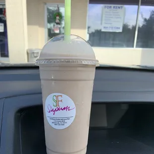 This is the 24 oz Superman smoothie made with Vegan Protein, banana and peanut butter. It is refreshing and DELICIOUS!