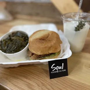 Collard greens, crispy sandwich, and frozen lemonade.