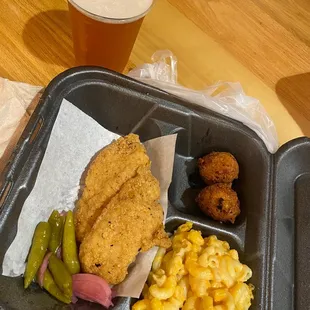 Fried catfish with mac and hushpuppies