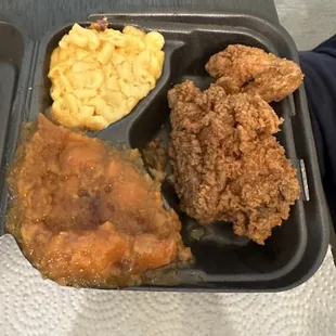 Chicken, yams, mac and cheese