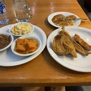 three plates of food on a table