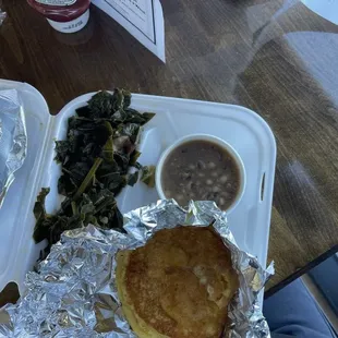 Greens, black-eyed peas, and the STUPID delicious cornbread.  Lord.  I&apos;d make the trip for the cornbread ALONE.