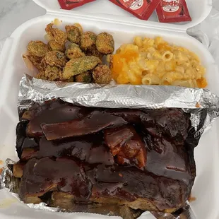 BBQ ribs, Mac &amp; cheese, fried okra