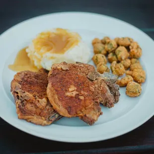 Fried Pork Chop with mashed potatoes and okra - best soul food