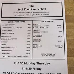 a menu for the soul food connection