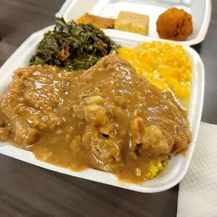 Smothered Pork Chops with Mac n Cheese &amp; Collard Greens